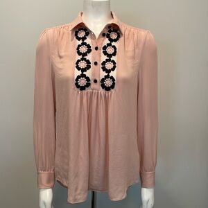 Kate Spade Daisy Lace Silk Blouse Pink Embroidered Floral Long Sleeve Size L